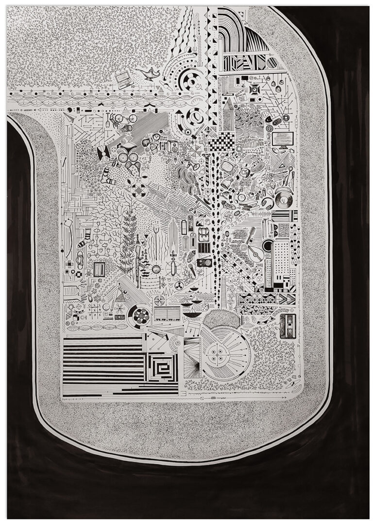 A dense tapestry of symbols unfolds like a childhood map scarred by war, where nostalgia, complexity, and memory collide in quiet resistance against forgetting.
