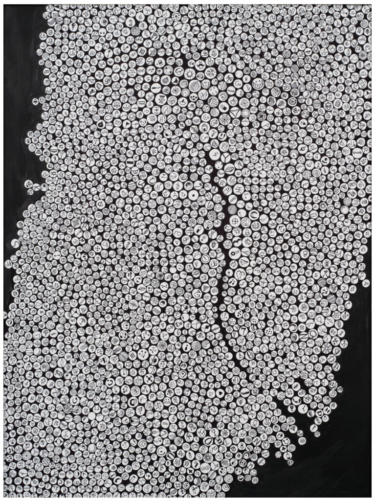 A dense swarm of seemingly similar circular symbols reveals, upon closer look, a quiet rebellion of difference—each form echoing another, yet none truly the same. © Mataz Al Kerdy