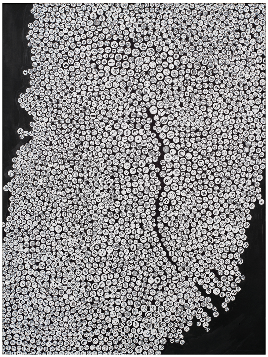A dense swarm of seemingly similar circular symbols reveals, upon closer look, a quiet rebellion of difference—each form echoing another, yet none truly the same. © Mataz Al Kerdy