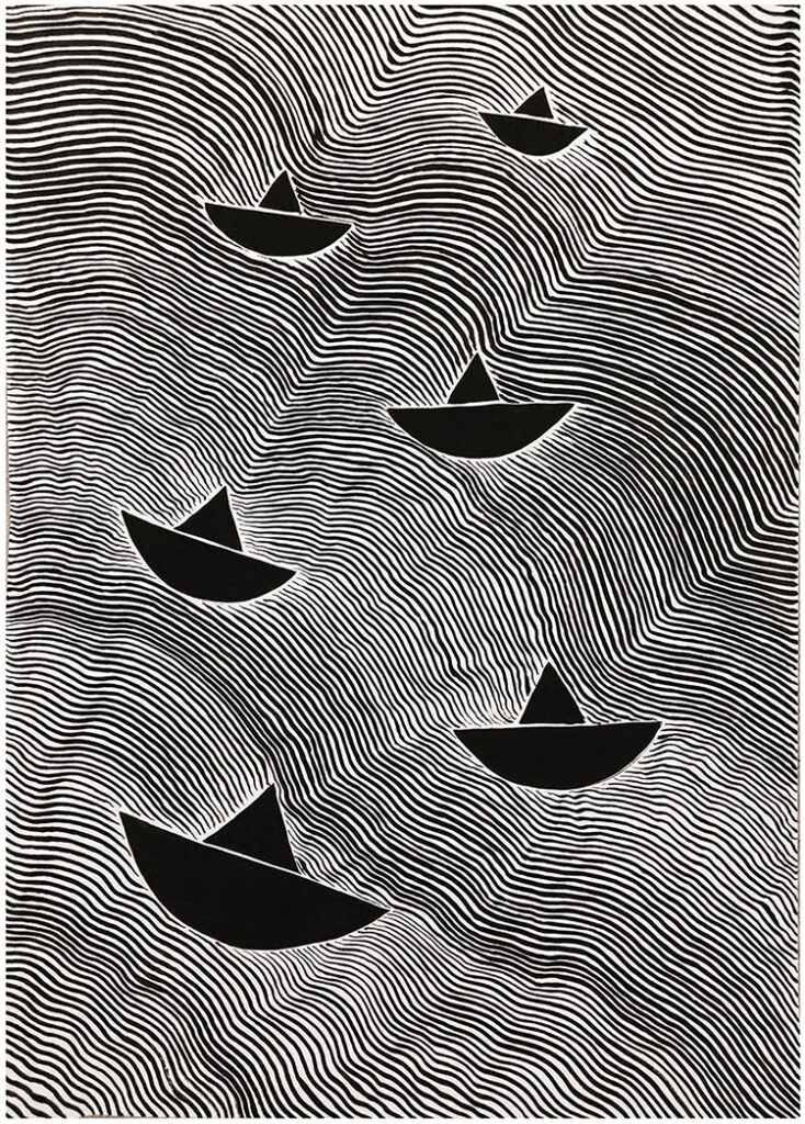 Boats float gently through a field of flowing lines, as if carried by the quiet movement of invisible waves. © Mataz Al Kerdy
