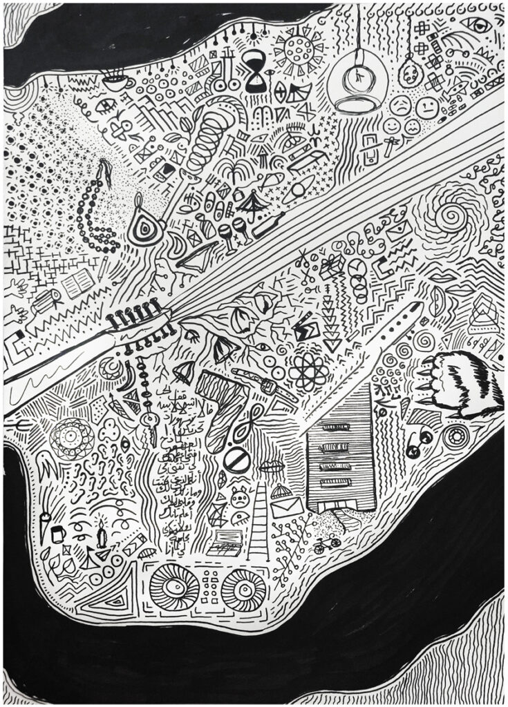 A chaotic landscape of symbols and signs unfolds like a visual diary, tracing the tangled complexity of a relationship full of tension, memory, intimacy, and the sharp edges in between. © Mataz Al Kerdy